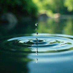 Delicate droplets fall onto the surface of a pond, shiny, ripples, calm
