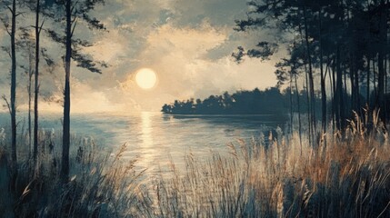 Fototapeta premium Tranquil sunset over lake with trees and tall grass, digital painting style Generated AI