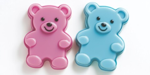 Two colorful bear-shaped silicone molds in pink and blue, ideal for baking or crafting.