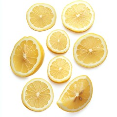lemon slices falling down on white background. organic lemons flying all over white background. healthy citrus fruit