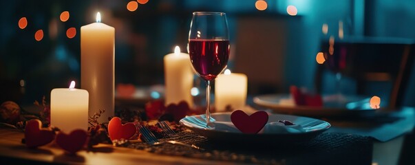 Romantic candlelit dinner with wine and heart decorations