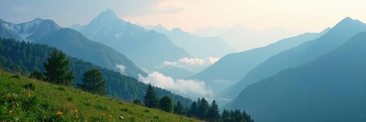 Obraz premium Foggy morning in the alps with misty mountains, mountains, mystical, peaceful