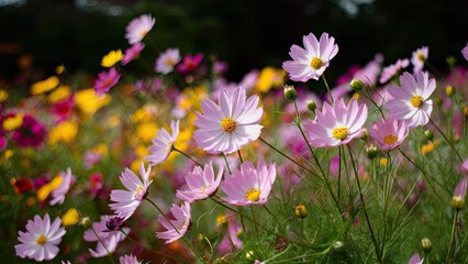 Vibrant cosmos flowers in shades of pink and yellow sway gently in the breeze under soft sunlight in a lush green garden setting.
