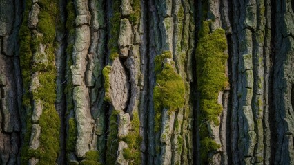 Obraz premium Closeup of rough textured tree bark with vertical grooves and vibrant green moss patches interspersed, creating a natural earthy aesthetic.