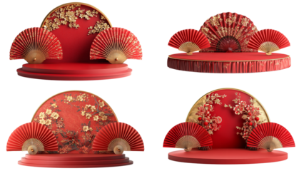Red Folding Fans Display:Four elegant red folding fans with gold detailing, arranged on red display stands.  A sophisticated and festive arrangement, perfect for showcasing Asian-inspired aesthetics.