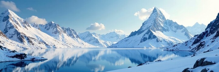 Frosty mountain landscape with frozen lake and snow-capped peak, peaks, mountains