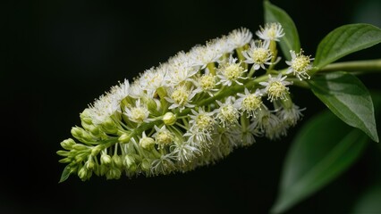 Naklejka premium Closeup of delicate Summersweet Clethra alnifolia flower head in white and green hues against a soft dark backdrop, showcasing intricate floral details.