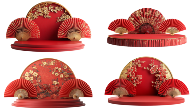 Red Folding Fans Display:Four elegant red folding fans with gold detailing, arranged on red display stands.  A sophisticated and festive arrangement, perfect for showcasing Asian-inspired aesthetics.