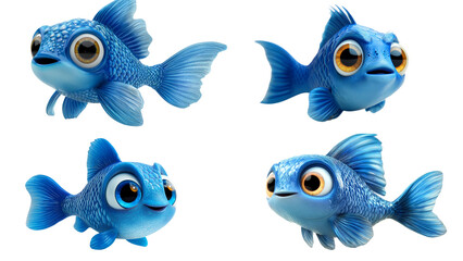 Four Blue Fish Cartoon:  A playful quartet of cartoon blue fish, each with unique expressions and a charmingly chubby physique, bring a splash of whimsy to any project.