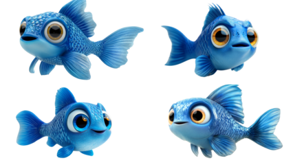Four Blue Fish Cartoon:  A playful quartet of cartoon blue fish, each with unique expressions and a charmingly chubby physique, bring a splash of whimsy to any project.