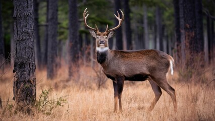Obraz premium Majestic deer with large antlers stands alert among tall trees in a serene natural habitat featuring golden grass and muted green foliage.