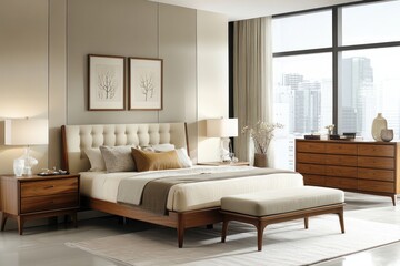 Modern bedroom suite, city view, calm interior, furniture arrangement, home decor