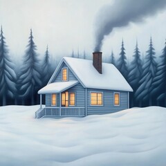 Fototapeta premium cozy winter cabin in the woods, snow-covered trees, warm light glowing from windows