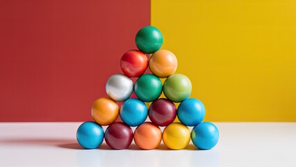 Colorful children's pyramid toy stacked in a triangle on a white surface with red and yellow backgrounds creating a vibrant playful atmosphere