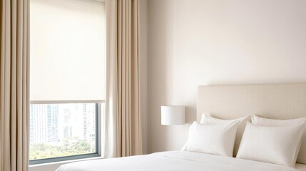 Energy efficiency minimalist concept. Bright and modern bedroom interior with natural light and soft beige tones.