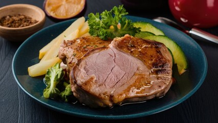 Closeup of juicy pork steak on dark plate with fresh greens, cucumber slices, and golden vegetables, set against a black textured backdrop.