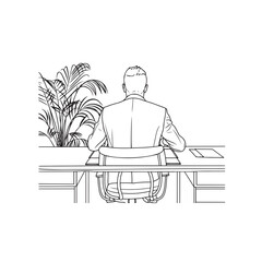 Man Sitting at Desk with Laptop and Coffee - Minimal Line Art for Office Themes - Man at Desk Silhouette - Man at Desk Vector - Office Illustration - Man at Desk Line Art

