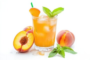 Fototapeta premium Delight in peach iced tea served over ice with fresh peaches and mint on a bright white background