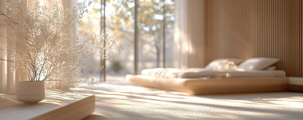 Neutral colors minimalist concept. Calm and cozy bedroom interior with natural light and minimalist design.