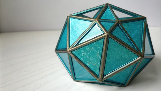 Geometric shape with blue green metallic sheen, iridescent forms, luminous patterns, geometric shape, glowing polygons, holographic shapes