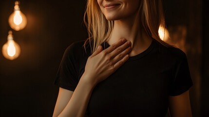 Obraz premium Woman's Hand on Chest, Emotional Portrait, Dark Background, Low Light Photography