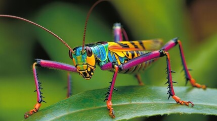 Fototapeta premium A brightly colored grasshopper with rainbow hues on a green leaf surface closeup view