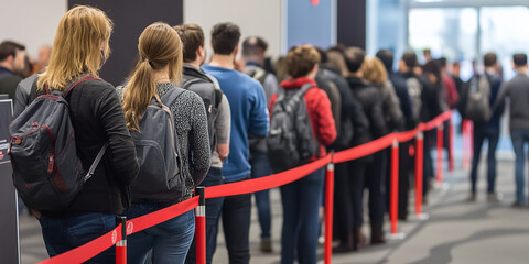 People Standing in Line at a Public Indoor Setting with Red Ropes