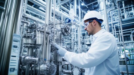 A chemical process engineer monitoring chemical reactions in a pharmaceutical production plant, with reactors and pharmaceutical equipment visible, Pharmaceutical production scene
