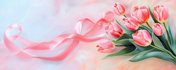 Floral arrangement with pink tulips and ribbon on a pastel background for creative designs