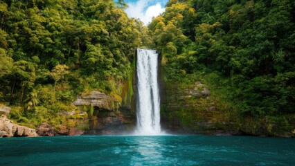 Obraz premium Lush tropical waterfall cascading into turquoise water surrounded by vibrant green foliage under a bright blue sky with fluffy clouds.