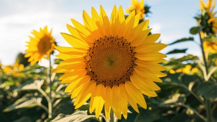 Fototapeta premium Vibrant closeup of a yellow sunflower centered in the frame, surrounded by green leaves and multiple sunflowers against a clear blue sky.