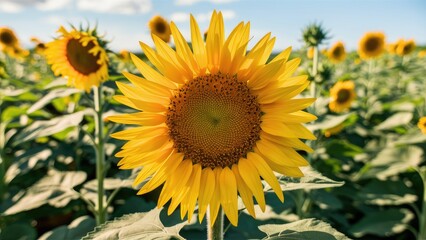 Fototapeta premium Vibrant sunflower in sharp focus at center with soft blurred field background capturing yellow petals against a bright blue sky with clouds