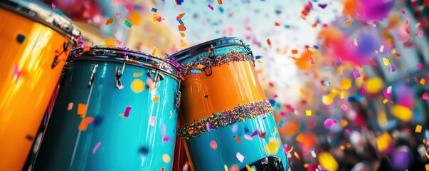 Colorful drums amidst vibrant street festival celebration confetti