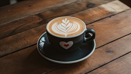 Latte art with heart design in a black cup on a round plate, resting on a rustic wooden table, warm tones of brown and cream.