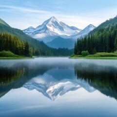 serene mountain landscape, crystal-clear lake reflecting snowy peaks, lush green forest