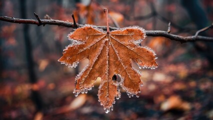 Autumn leaf with ice crystals hanging on a branch, featuring warm orange hues, intricate frost details, and a blurred forest background.