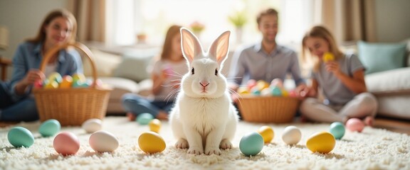 Cute white bunny sitting among colorful Easter eggs with a joyful family in the living room, celebrating spring and togetherness. Greeting card, banner or holiday poster for Happy Easter  or Spring Eq
