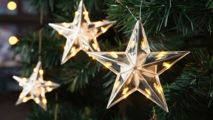 Star-shaped lights hanging on a festive green pine tree creating a warm holiday atmosphere with a soft glow in the background.