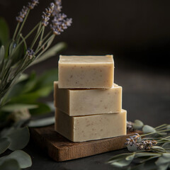 
Product photography, handmade soap on a bathroom in the background, natural lighting, minimalist style, product shot