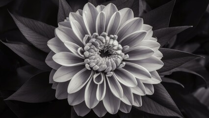 Monochrome flower image featuring a large dahlia in full bloom with intricate layers, surrounded by dark green leaves on a contrasting background