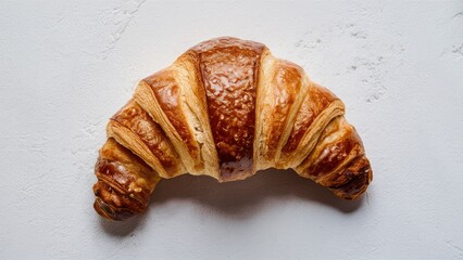 Golden brown croissant displayed on a clean white background, showcasing flaky layers and curved shape, center positioned for emphasis.