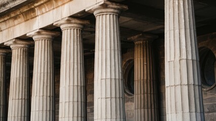 Stone pillars in classical architecture displaying vertical lines in beige and grey tones with circular windows in the background, positioned at an angle.