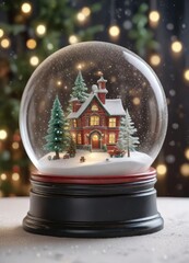Glittery snow globe with festive scene inside, tiny Christmas tree, glitter, snowflakes