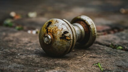 Rusty damaged doorknob lying on textured gray ground with green foliage scattered in background showcasing weathered metal details in focus