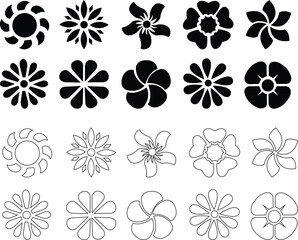 Flower icon set.Flowers elements collection. Flower plant, floral garren icons collection. cute round flower plant nature, black colour shape icon,hand draw wreath. garden plants illustration collecti