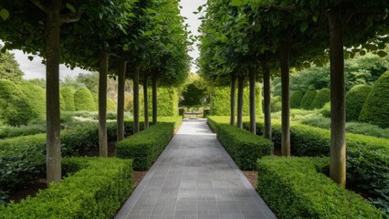 Obraz premium Beautiful manicured garden pathway lined with lush green shrubs and trees on either side leading to a serene focal point on gray tiled floor