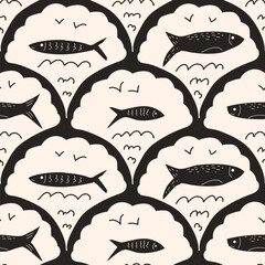 Fish scallop seamless pattern. Sardine stamp allover background. Anchovy repeat cover. Scandinavian stamp continuous ornament. Surface pattern design sea motif. Vector hand drawn illustration.