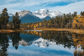 Serene mountain lake reflecting snow-capped peaks and vibrant autumn trees under a clear sky