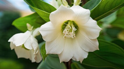 Obraz premium Elegant Brugmansia suaveolens flower in full bloom, featuring soft white petals and lush green leaves, centered for a serene botanical composition.