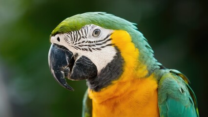Fototapeta premium Closeup of a vibrant parrot with blue, green, and yellow feathers prominently displayed, showcasing intricate details against a soft green background.